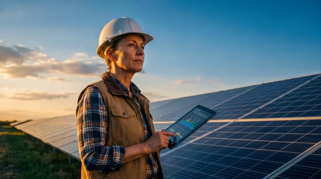 Technician inspecting a commercial solar inverter and electrical protection panel